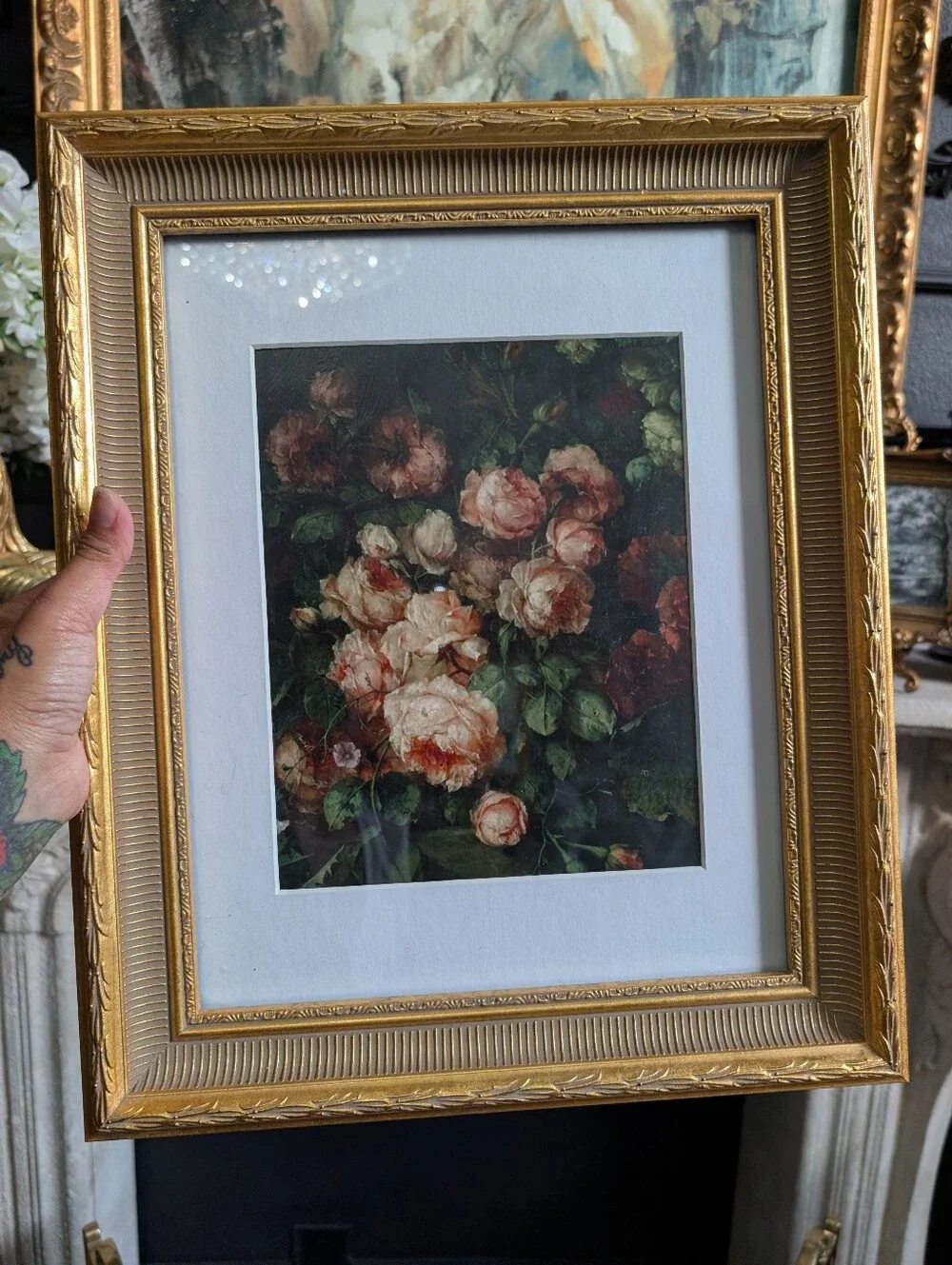 Vintage, set of 2, Gold Ornate Wood Resin Matted Frame w/ vintage style Prints
